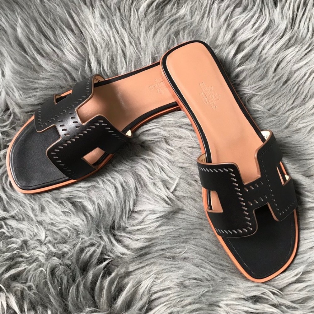 Hermes Oran Slide Sandals In Black Swift Perforated Calfskin HERMESHS5253