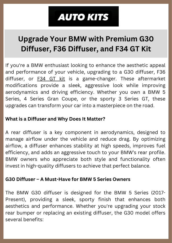 Upgrade Your BMW with Premium G30 Diffuser, F36 Diffuser, and F34 GT Kit